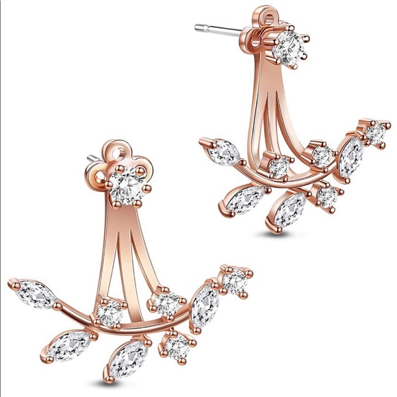 925 Sterling Silver CZ Leaf Ear Cuff Stud Earrings - Picture 2 of 8